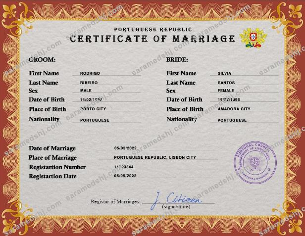 Portugal marriage certificate PSD template